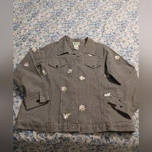 Quacker Factory Black and White Checkered Blazer with Floral Accents